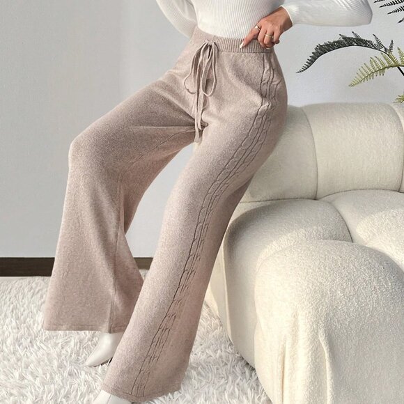 Khaki Casual Womens Drawstring Waist Wide Leg Knit Pants - Picture 2 of 5